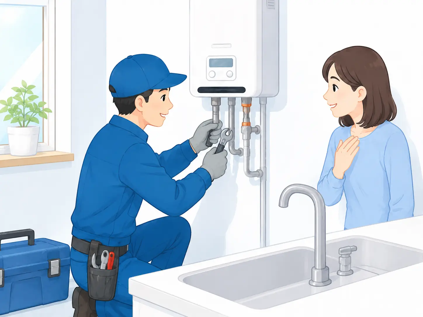 スタッフが給湯器の交換工事を行っている様子